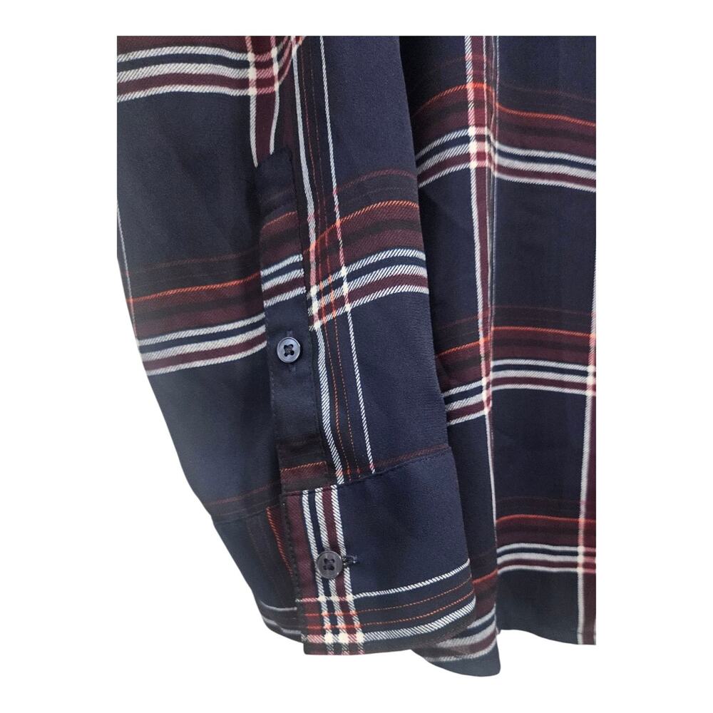 Express Womens XL Blouse Blue Plaid V-Neck Collar Roll Tab Sleeves Button-Up - Picture 6 of 8